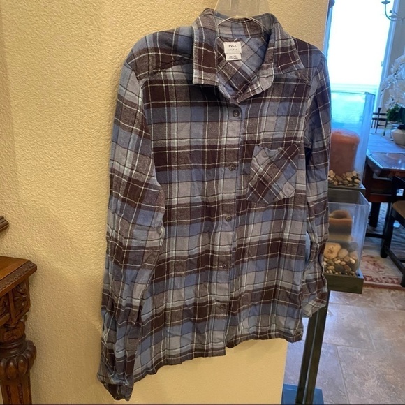 RVCA Blue Plaid Flannel Buttoned Long Sleeve Top Size Large (12) - Picture 2 of 7